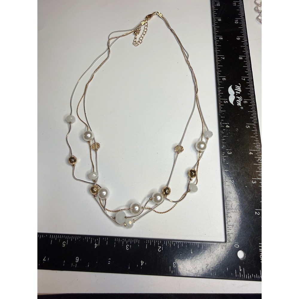 Multi Strand Faux Pearl Layered Necklace Gold Silver Tone Mixed Bead 19.5in